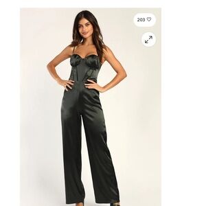 NWT Lulu’s Satin Bustier Wide-leg dark green jumpsuit Medium
